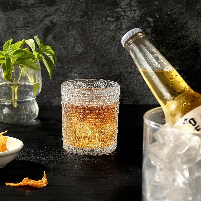 OLULU Cocktail Glasses 10 oz Set of 2, Glass Hobnail Drinking Glasses, Vintage Glassware Textured Bubble Glass Cups, Old Fashioned Glasses for Kitchen and Home Bar - Image 3