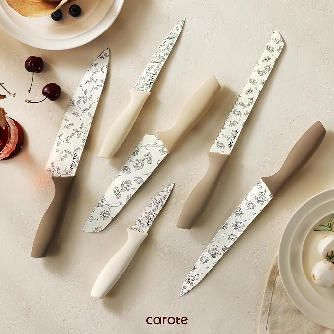 CAROTE Kitchen Knife Set, 6 Floral Knives with 6 Blade Guards, 12-Piece | Stainless Steel Blades, Ceramic Nonstick Coating, Long-Lasting Sharpness, Rust-Resistant, Non-Slip, Dishwasher Safe - Image 7
