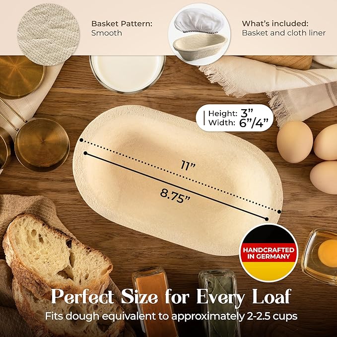 Sourdough Proofing Basket and Starter Jar Kit – 1.1 LB Oval Wood Pulp Banneton (Made in Germany) with 24 oz Sourdough Starter Jar, Thermometer Strips & Spatula – Beginner Bread Proofing Set