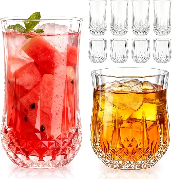 Ruckae Drinking Glasses Set of 8,11 oz and 7 oz Kitchen Water Glass Cups Set,Clear Curvature Glassware Dishwasher Safe,Mixed Drinkware for Beer,Juice,Cocktail,Whiskey,Milk and Various Mixed Drinks by RUCKAE