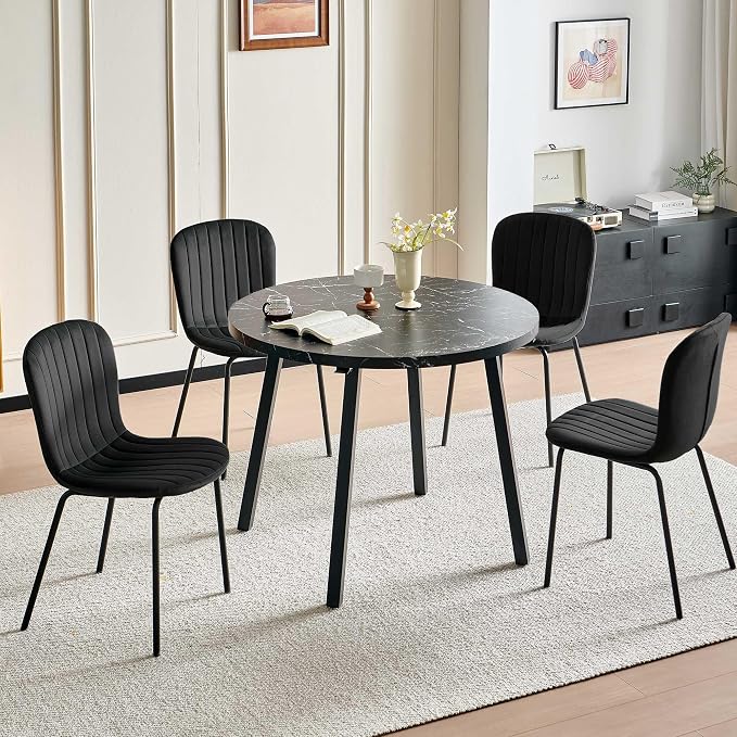 Small Round Dining Table Set for 4 People, 37" Modern Kitchen Table | 5-Piece Set, Faux Black Marble MDF table, 4 Black Velvet Chairs, Easy Assembly, Space-saving, Fits Small Dining Room - Image 4