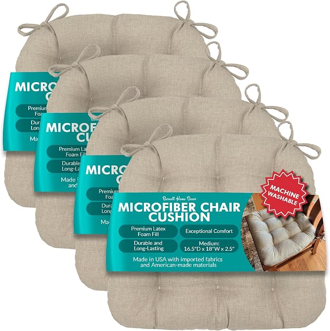 Barnett Home Decor Hayden Dining Chair Cushions with Ties, 16.5 x 18 Inches, Pack of 4 – Machine Washable, Made in USA, Reversible with Plush Latex Foam Fill for Comfortable Seating – Beige (Natural) by BarnettHomeDecor