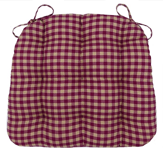 Barnett Home Decor Farmhouse Check Dark Red & Tan Dining Chair Pad with Ties - 19 x 19 Size Large Chair Cushion - Latex Foam Fill - 100% Cotton, Made in USA - Machine Washable (Dark Red & Tan) by BarnettHomeDecor