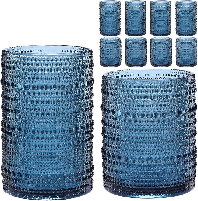 ZMOWIPDL 12oz & 15oz Hobnail Drinking Glasses,Blue Glass Cups Set of 8 | Vintage Highball Glassware，Kitchen Drinkware，Embossed Water Tumbler,for Beer,Cocktail,Whiskey,Juice,Various Mixed Drinks by ZMOWIPDL