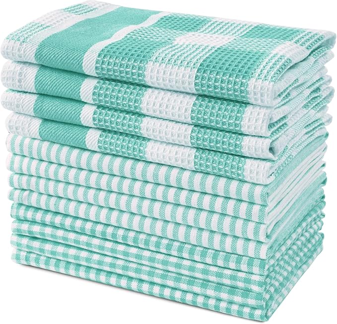 LANE LINEN 100% Cotton Kitchen Dish Cloths, Ultra Soft Absorbent Quick Drying Dish Towels, Multiweave Wash Cloths Dish Towel Sets, 12x12 Inches, 12 Pack - Aqua by LaneLinen