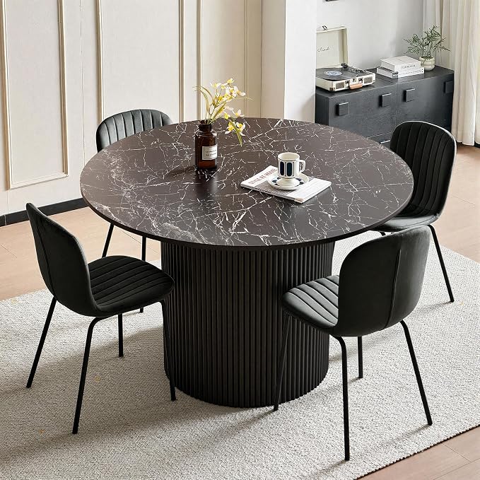 Dining Table Set for 4, 47 Inch Mid Century Modern Faux Marble Round Kitchen Table and Chairs, Space-Saving Small Dinette Set (Black Table+4 Black Chairs) - Image 2