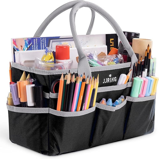 Jjring Craft and Art Organizer Tote Bag - 600D Silver Nylon Fabric Art Caddy with Pockets - for Art, Craft, Sewing, Medical, and Office Supplies Storage