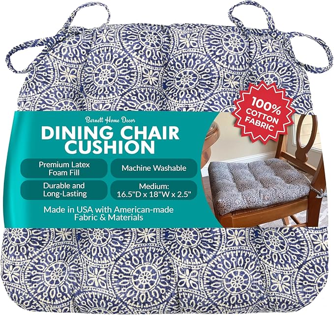 Barnett Home Decor Tibet Blue Dining Chair Pad with Ties - Medium Size 18 Chair Cushion - Latex Foam Fill - Machine Washable, 100% Cotton, Made in USA (Navy Mandalas) by BarnettHomeDecor