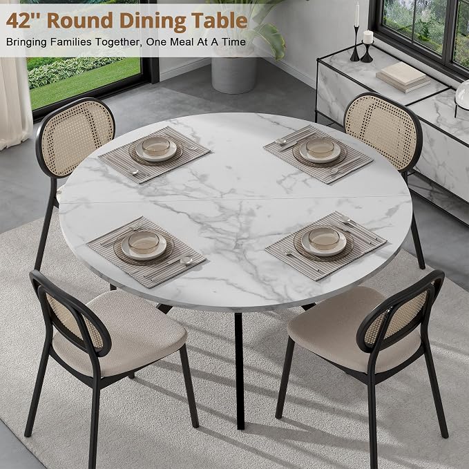 42" Round Dining Table for 2-4, Modern Kitchen Table with Faux Marble Tabletop & Metal Legs, Space Saving Circle Table with Storage, Wood Kitchen & Dining Room Tables for Kitchen Dining Room - Image 4