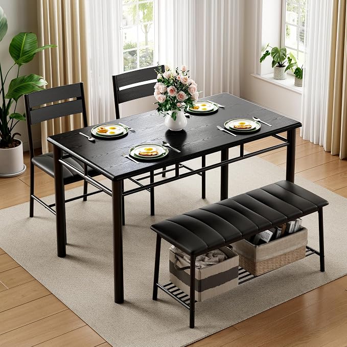 IRONCK Dining Table Set for 4, Kitchen Table and Chairs Set, Black | Kitchen Table with Upholstered Bench and 2 Chairs for Small Space, Apartment - Image 3