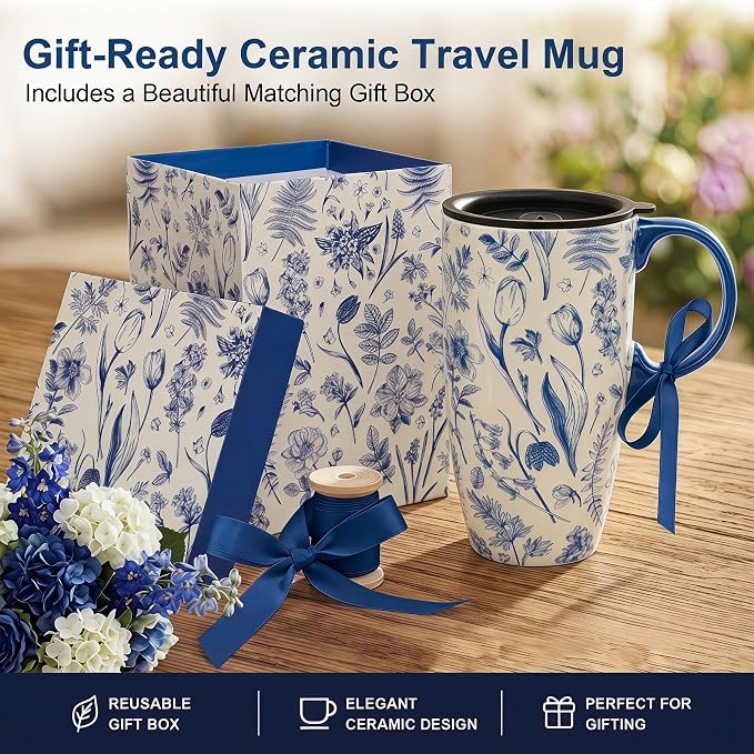 Topadorn 17oz Ceramic Travel Mug with Lid, Toile de Jouy | Floral Coffee Mug with Handle, Blue White Botanical Latte Cup, Microwave & Dishwasher Safe - Image 8