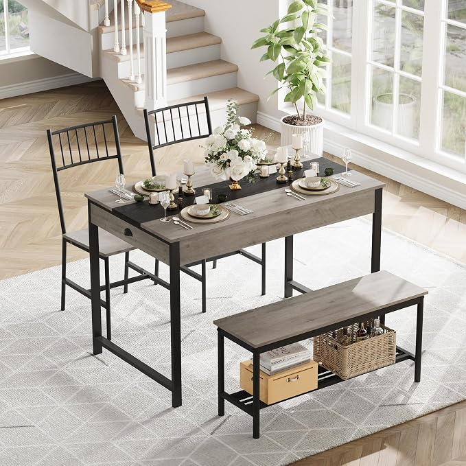 GarveeHome Dining Table Set for 4,Kitchen Table with Bench & 2 Chairs, Grey | Includes Storage Rack & Drawers, Space-Saving，Rectangular Farmhouse Style, Perfect for Breakfast Nook - Image 5