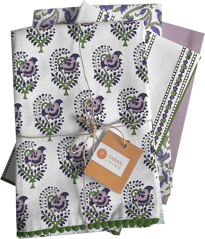 TARAN LIVING Printed Kitchen Dish Bar and Tea Towels Cotton, 18x28 inch with Trims, Cotton Dish Towel Sets (White & Purple, Set of 4) - Image 3