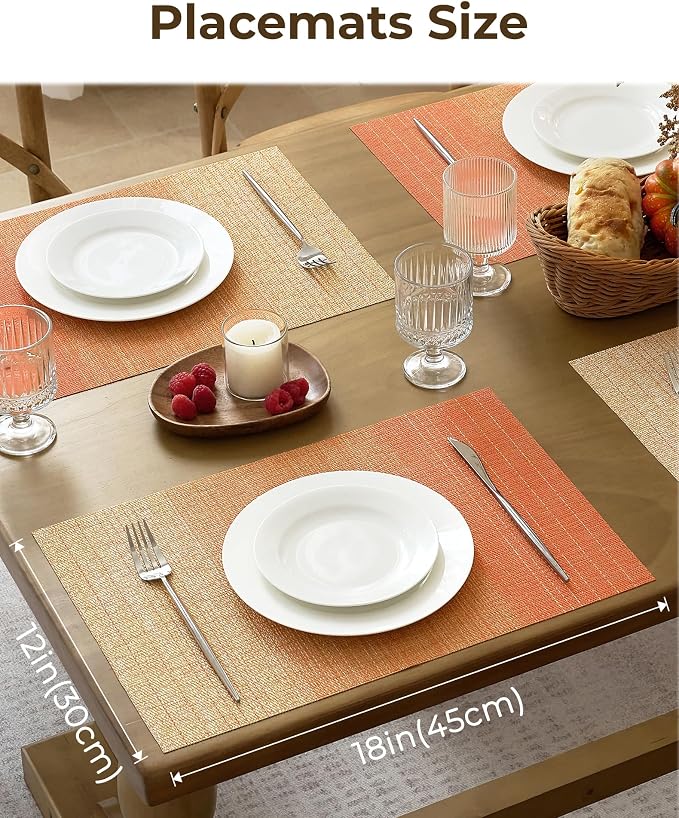 Leetaltree Gradient Burnt Orange Woven Placemats Set of 12 - Heat Resistant Non-Slip Fall Place Mats for Dining Table, Washable Durable PVC Vinyl Woven Table Mats(Gradient Orange-red, 12) - Image 5