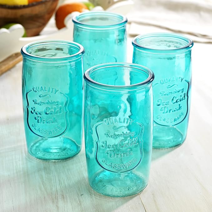 Glaver's Highball Glasses Set of 4 – 20oz Artistic Ice-Cold Pretty Blue – Vintage Glassware with Embossed Logo – Beverage Drinking Glasses for Water, Juice, Cocktails. Hand Wash. - Image 4