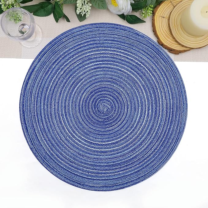 SHACOS Round Braided Placemats 15 inch Set of 4 Washable Cotton Polyester Braided Kitchen Table Placemats for Home Wedding Party (Blue White, 4) - Image 7