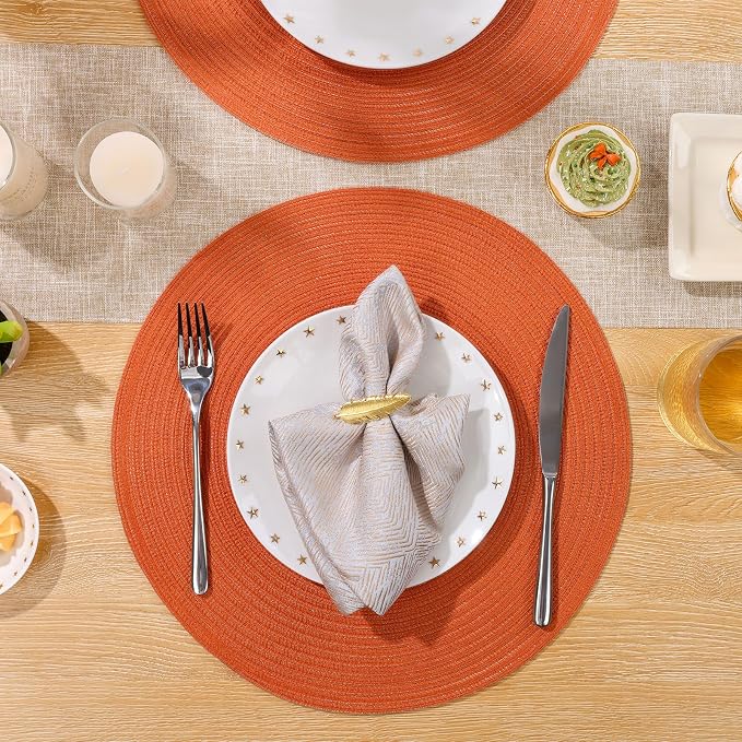 SHACOS Round Placemats Set of 6 Polyester 15 inch Round Braided Place Mats Washable Non Slip Kitchen Dining Table Mats Autumn Fall Placemats Decor, Bright Orange - Image 5