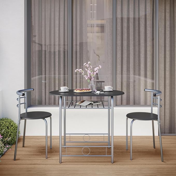 Yaheetech 3-Piece Dining Room Table Set, Kitchen Table & Chair Sets for 2, Compact Table Set w/Steel Legs, Built-in Wine Rack for Breakfast Nook, Small Space, Apartment, Black, 31.5x21x29" (LxWxH) - Image 8