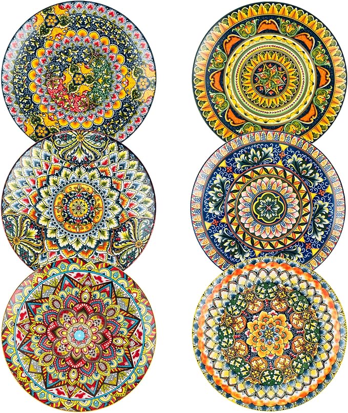 Henten Home Dinner Plates Set of 6, 10.5 Inch Porcelain Plate, Colorful Bohemian Serving Dishes for Kitchen, Pasta, Salad, Decorative, Microwave & Dishwasher Safe by HentenHome