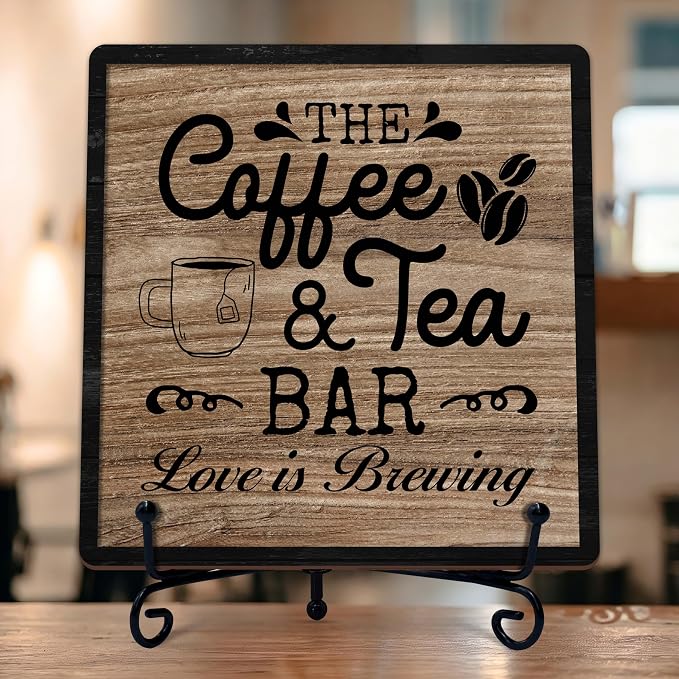 Coffee Bar Sign, Love is Brewing Farmhouse Tabletop Decor, Coffee and Tea Lover Gifts, 5x5 Wood Plaque with Iron Stand for Home Kitchen Cafe, Coffee Bar Decor – L02 by TIRYWT