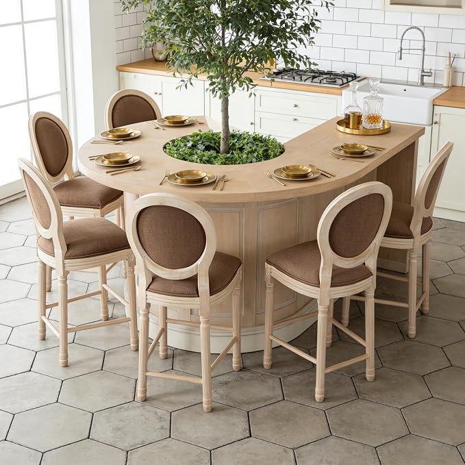 French Country Barstool, Linen Farmhouse Counter Height Chair | Set of 6, with Cushion Round Back and Solid Wood Legs, Oval Chairs for Restaurant, Bar, Kitchen, Café, Brown - Image 2