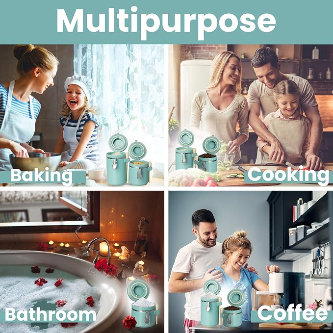 Home Intuition 4-Piece Ceramic Kitchen Canisters Set, Airtight Containers with Wooden Spoons Reusable Chalk Labels and Marker for Sugar, Coffee, Flour, Tea (Turquoise) - Image 3