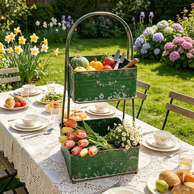 Vintage Metal Storage Basket 2-Tier 25.98" H Farmhouse Distressed Kitchen Counter Organizers Rustic Double-Layer Organizing Bin for Kitchen Pantry (Green) - Image 5