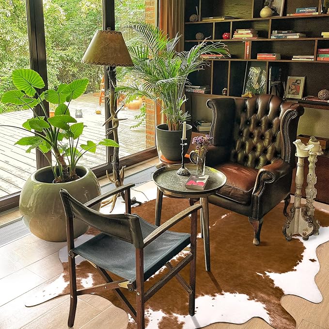 Amearea Faux Cow Hide Rug 6.2x5.2, Vintage Western Home Decor Cow Print Rug | Large Faux Leather Animal Cowhide Carpet for Living Room Bedroom, Dining Traditional Cow Print Stuff Carpets, Khaki - Image 3