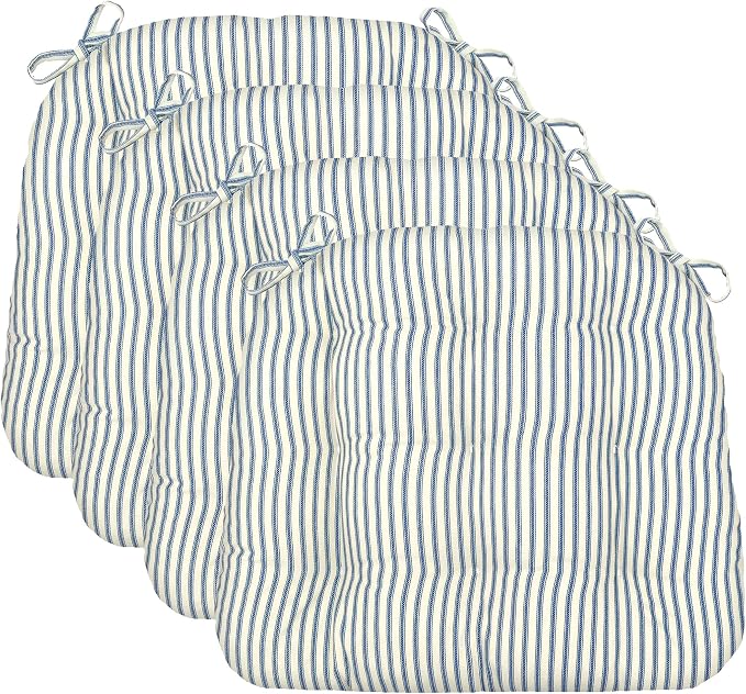 Barnett Home Decor Chair Cushions for Dining Chairs - 15x17 Kitchen Chair Cushions - Machine Washable, 100% Cotton, Made in USA - Latex Foam Chair Pads - Ticking Stripe Navy Blue Small Pack of 4 by BarnettHomeDecor