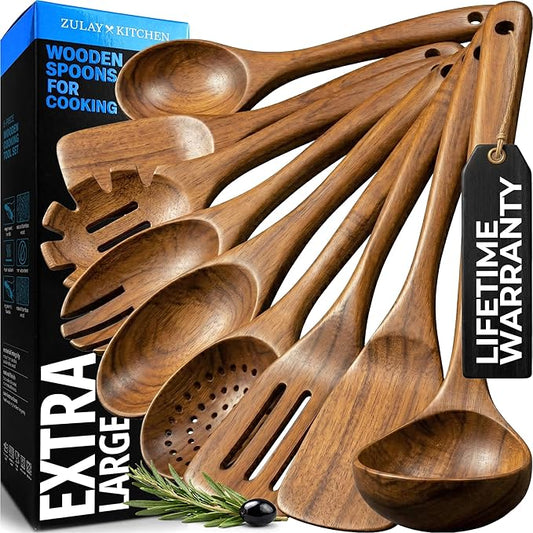 Zulay Kitchen 9-Piece Teak Wood Cooking Utensil Set – Non-Toxic & Non-Stick Safe Wooden Spoons & Kitchen Tools with Comfortable Grip, Smooth Finish Natural Teak – Perfect Kitchen Gift Set by ZulayKitchen
