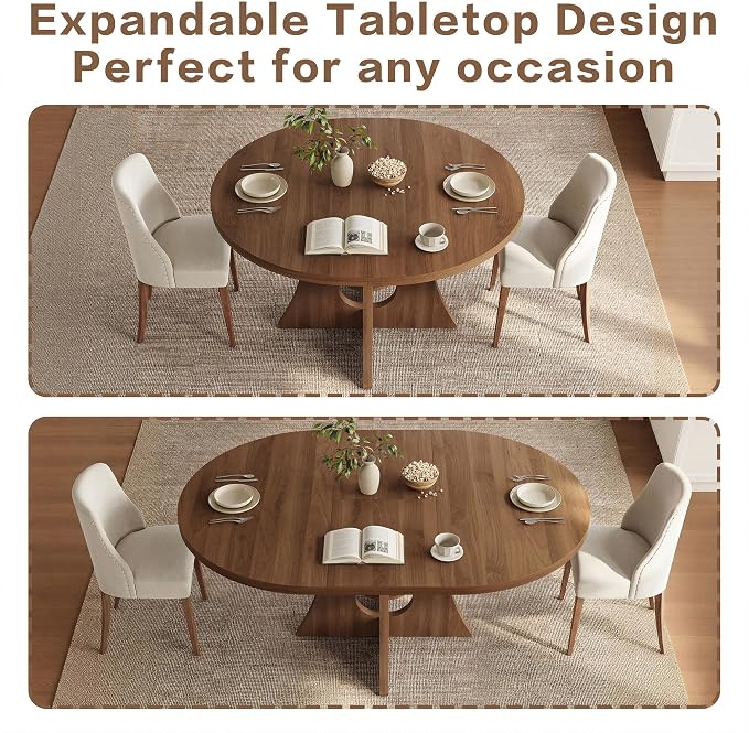 43.3"-59" Extendable Round-to-Oval Dining Table with Leaf & Storage | Oval Table, Round Kitchen Table, Seats 4-8, Modern Farmhouse, Space-Saving, Walnut Finish, Circle Table, Oval Dining Table - Image 3