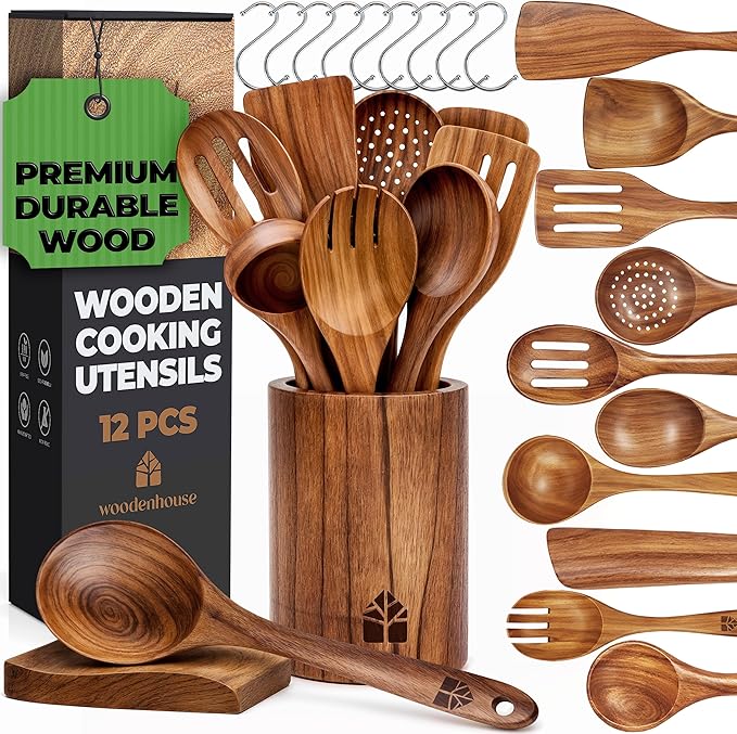 Wooden Spoons for Cooking, 12 Pcs Teak Utensil Set with Holder & Hooks | Includes Spoon Rest for Storage – Heat Resistant, Durable & Nonstick Safe Kitchen Cookware by Woodenhouse