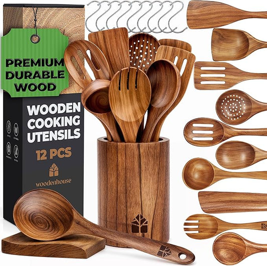 Wooden Spoons for Cooking, 12 Pcs Teak Utensil Set with Holder & Hooks | Includes Spoon Rest for Storage – Heat Resistant, Durable & Nonstick Safe Kitchen Cookware by Woodenhouse