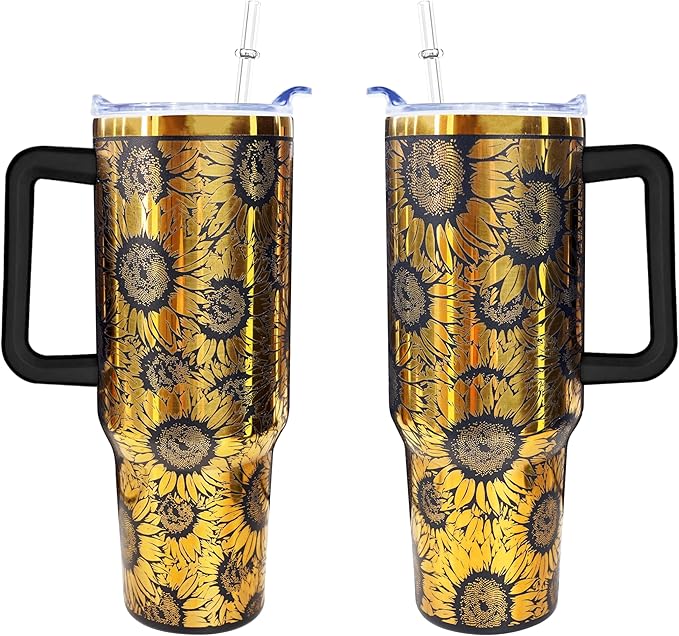 40 oz Sunflower Laser Engraving Tumbler With Handle With Lid Straw Double Insulated Travel Coffee Cup Travel Accessories Must Have Gifts For Women