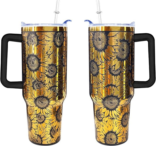 40 oz Sunflower Laser Engraving Tumbler With Handle With Lid Straw Double Insulated Travel Coffee Cup Travel Accessories Must Have Gifts For Women