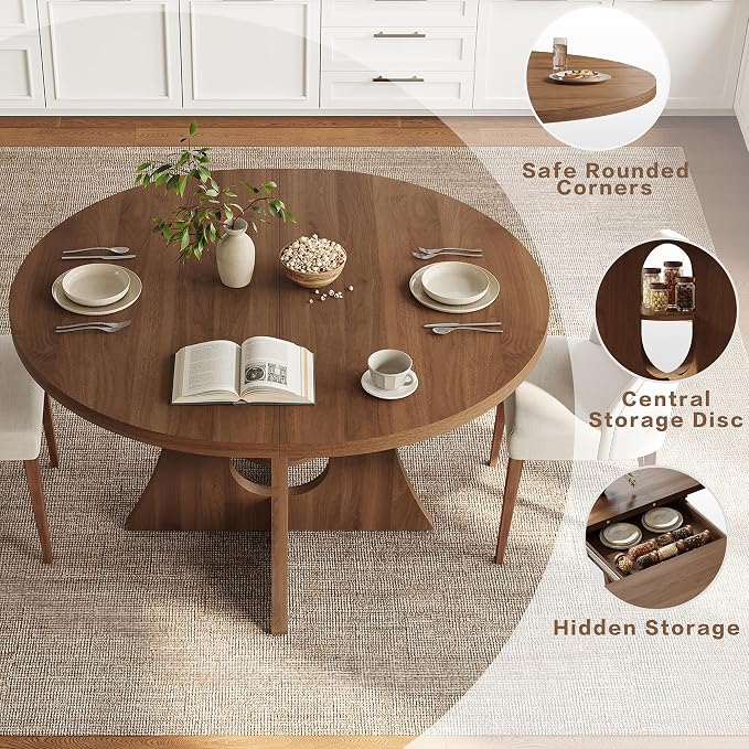 43.3"-59" Extendable Round-to-Oval Dining Table with Leaf & Storage | Oval Table, Round Kitchen Table, Seats 4-8, Modern Farmhouse, Space-Saving, Walnut Finish, Circle Table, Oval Dining Table - Image 6