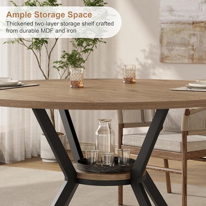 MECHYIN 42" Round Dining Table for 2-4, Farmhouse Kitchen Table with Storage, Space Saving Circle Dinner Table, Rustic Light Wood Kitchen & Dining Room Tables with Metal Legs for Kitchen, Dining Room - Image 3