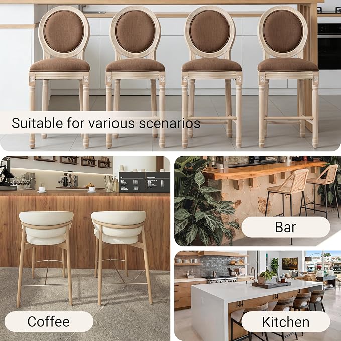 French Country Barstool, Linen Farmhouse Counter Height Chair | Set of 2, with Cushion Round Back and Solid Wood Legs, Oval Chairs for Restaurant, Bar, Kitchen, Café, Brown - Image 7