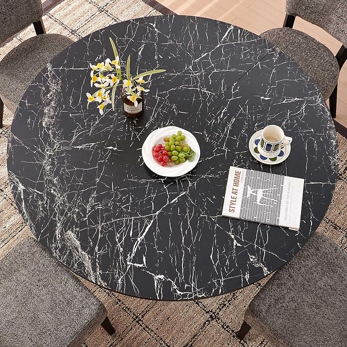 5 Piece Round Dining Table Set for 4, Mid Century Modern Faux Marble Kitchen Table and Chairs, Space-Saving Small Dinette Set (47 Inch Black Table+4 White Chairs) - Image 6