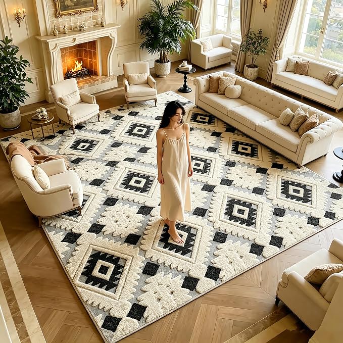 Washable Area Rug 6′6″ × 9′10″ for Living Room Bedroom, Bohemia | Soft Cozy Fluffy Mid Pile Machine Washable Non Slip Boho Modern Accent Rug for Dining Room Nursery Kids Room Dorm Hotel by Ukeler