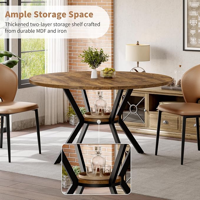MECHYIN Round Dining Table for 2-4, 42 Inch Wood Kitchen & Dining Room Tables with Storage, Circle Dinner Table with Metal Legs, Space Saving Small Table for Dining Room, Kitchen, Rustic Brown - Image 3