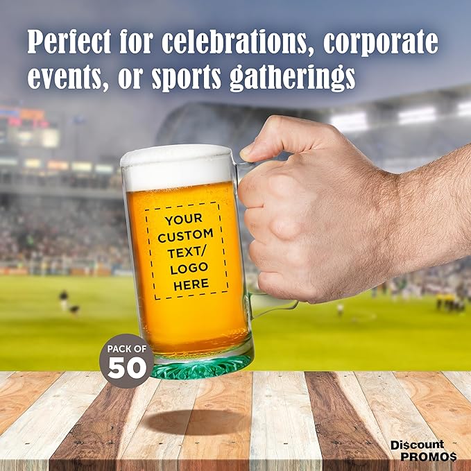 50 Libbey Beer Mugs Set, 12 oz. - Customizable Text, Logo - Groomsmen Glassware - Green