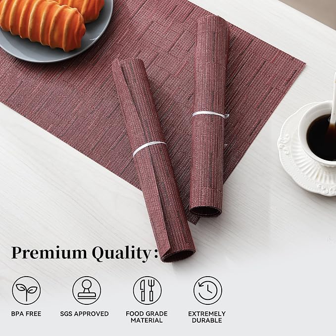 Leetaltree Burgundy Placemats Set of 6 - Heat Resistant Non-Slip Place mats for Dining Table, Washable Durable PVC Vinyl Woven Table Mats（Burgundy, 6） - Image 2