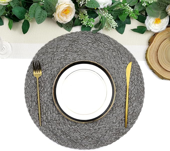 SHACOS Round Braided Placemats Set of 6 Thick Woven Placemats Washable 15 inch Circle Place Mats Non Slip Table Mats for Dining Table, Gray White - Image 4