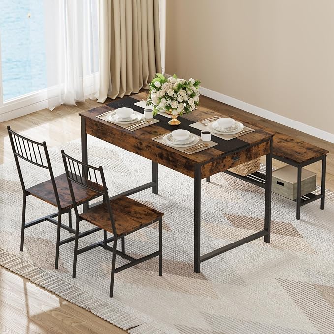 GarveeHome Dining Table Set for 4,Kitchen Table with Bench & 2 Chairs,Retro | Includes Storage Rack & Drawers, Space-Saving，Rectangular Farmhouse Style, Perfect for Breakfast Nook - Image 5