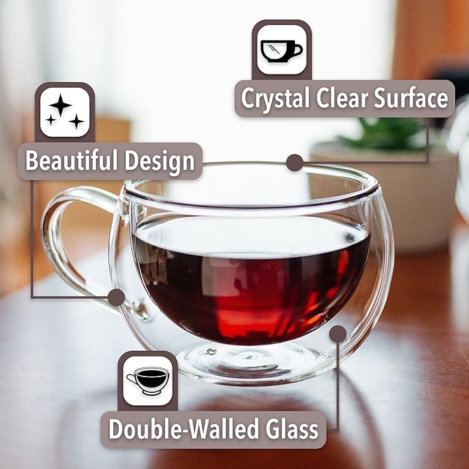 BTaT Insulated Espresso Cups, Glass Tea & Coffee Mugs, Set of 4 (6 oz, 180 ml), Double Wall, Latte & Espresso Glasses