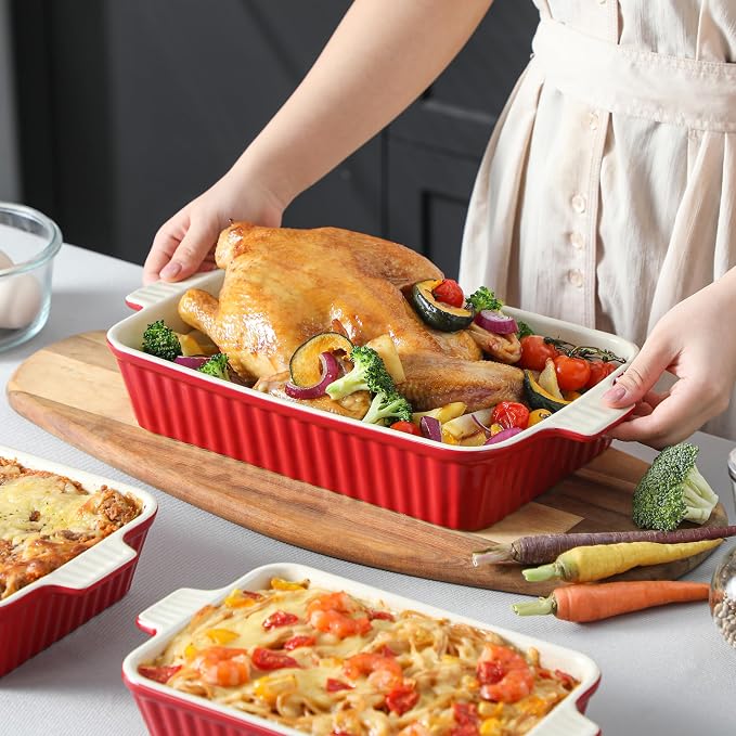 Bakeware Set of 4, MALACASA Porcelain Baking Pans Set for Oven, Casserole Dish, Ceramic Rectangular Baking Dish Lasagna Pans for Cooking Cake Pie Dinner Kitchen, Red (9.5"/11.25"/12.75"/14.5") | Rectangular Lasagna Pan Bakeware for Roasting Vegetable, ... - Image 7