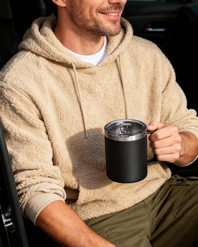 8 Pack 12oz Insulated Coffee Mug with Lid – Double Wall Stainless Steel Travel Cups with Handle, Keep Hot & Cold Drinks, Ideal Gift for Coffee Lovers, Home, Office & Camping, Black - Image 4