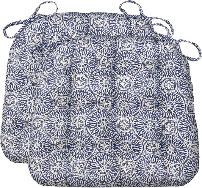 Barnett Home Decor Dining Chair Cushions with Ties – Size Small 15 x 17 - Latex Foam Fill, 100% Cotton, Machine Washable Chair Pads for Kitchen Chairs, Made in USA (Tibet Blue/Pack of 2) by BarnettHomeDecor
