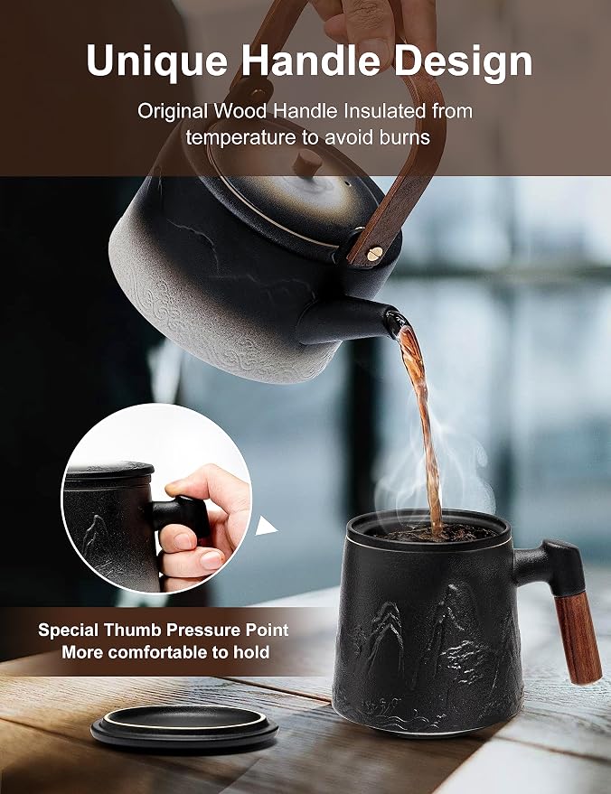 suyika Ceramic Tea Cup with Infuser and Lid, Gradient Embossed Large Tea Mug Wooden Handle for Steeping Loose Leaf, Tea Lover Gifts 15.2 oz / 450 ml,Matte Black - Image 6